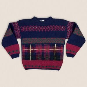 Vintage Sweater Wool Plaid fair isle Michelle Stuart hand knit Large Women